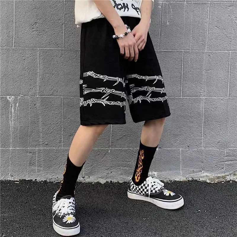 Hearujoy Summer trend ins dark high street hip-hop print personality casual shorts men's elastic waist tie quick-drying pants