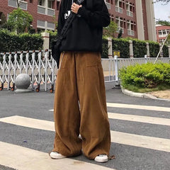 Hearujoy Brown Black Corduroy Pants Men Fashion Retro Oversized Casual Pants Men Streetwear Loose Hip-hop Wide-leg Pants Mens Trousers