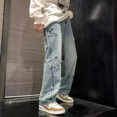 Hearujoy New Men's Star Embroidered Fashion Loose Jeans Y2K High Street Hip Hop Stretch Soft Straight Wide Leg Denim Trousers Male