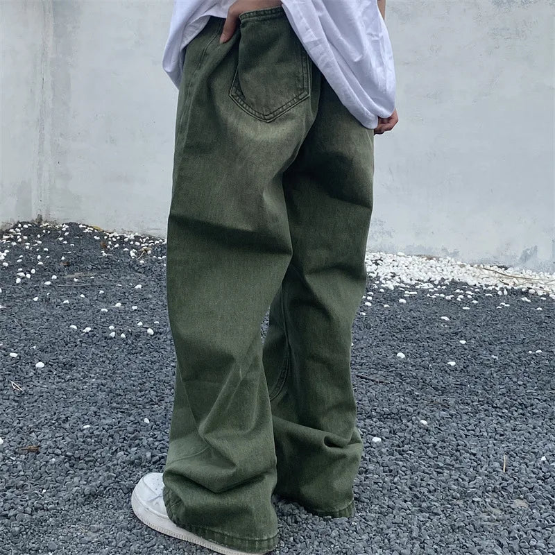 Hearujoy Green Jeans Baggy Distressed Vintage Denim Trousers Male Wide Leg Pants Men Streetwear Retro Oversize Casual Hip Hop