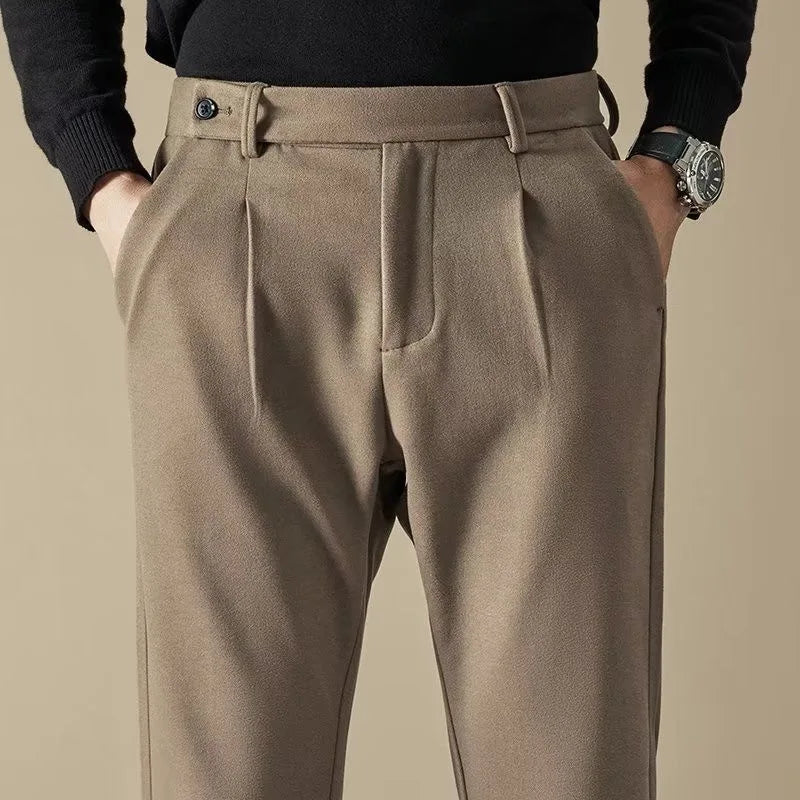 HEARUJOY  -  Korean Fashion Woolen Suit Pant Men Waist Button Straight Trouser Autumn Winter Business Casual Loose Light Mature Style Pants