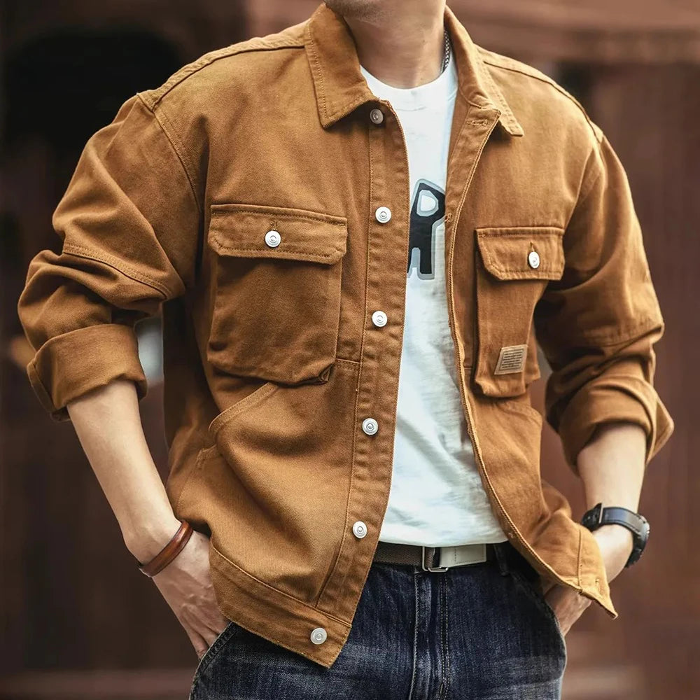 Hearujoy Autumn Winter American Street Solid Workwear Thickened Jacket Mens Multi-Pocket Pilot Retro Loose Long-Sleeved Amekaji Jacket