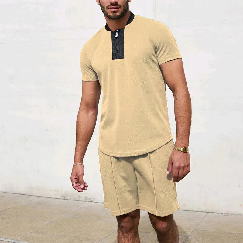 HEARUJOY  -  Men's Tracksuit 2 Piece Set Waffle V-neck Zipper Short Sleeve T Shirt And Shorts Summer Casual Fashion Sport Suit  Man Clothing