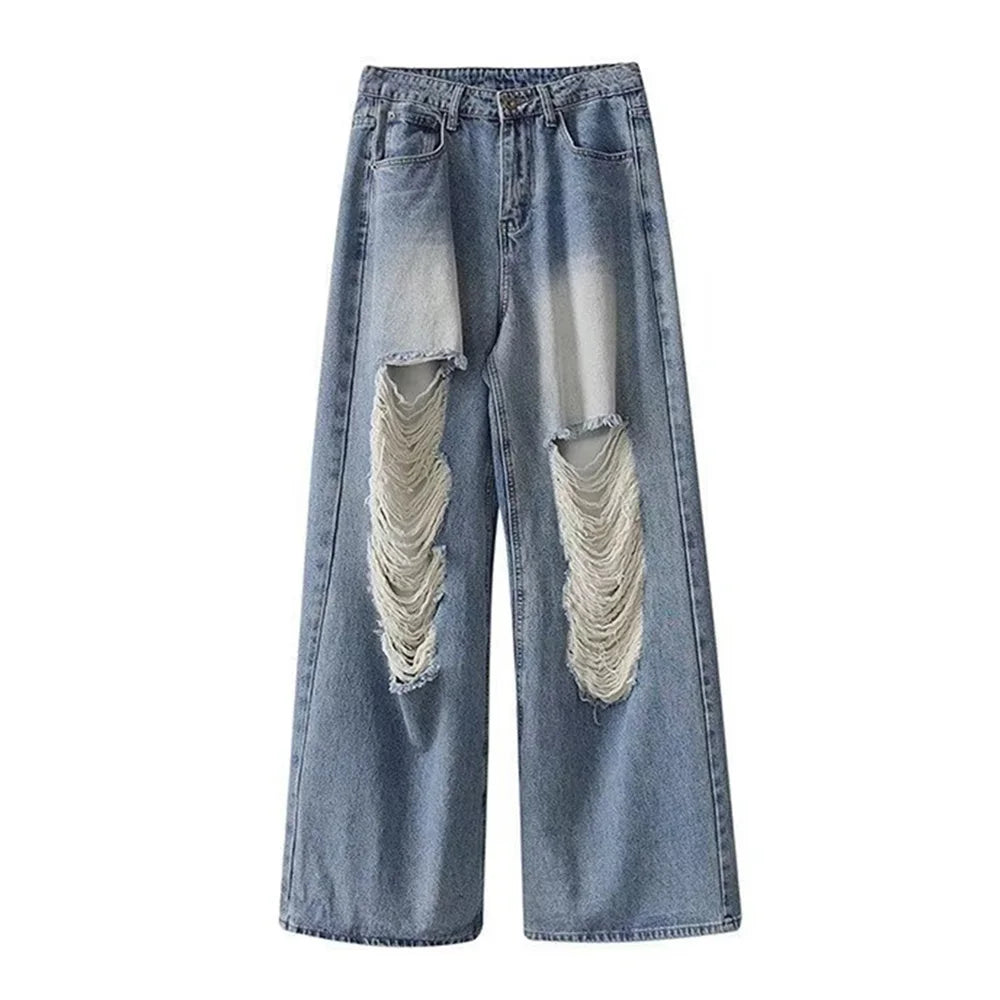 Hearujoy Mens Clothing American Street Loose Trend Contrast Color Ripped Jeans Retro Distressed Straight Fashionable Casual Trousers