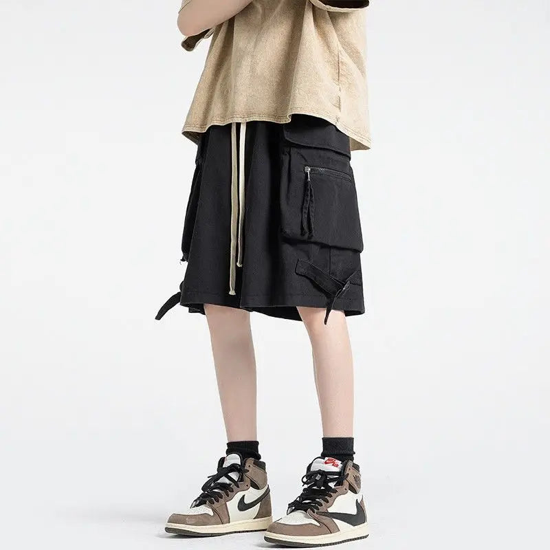 HEARUJOY  -  Men Clothing Trendy Vintage Japanese Style Streetwear Y2K Loose Cargo Shorts Summer Casual Solid Multi Pockets Short Baggy Pants