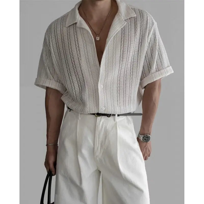 HEARUJOY  -  Summer Short Sleeved Shirt Men Oversized Black White Casual Shirt Men Streetwear Korean Loose Hollow Shirt Mens Hawaiian Shirts