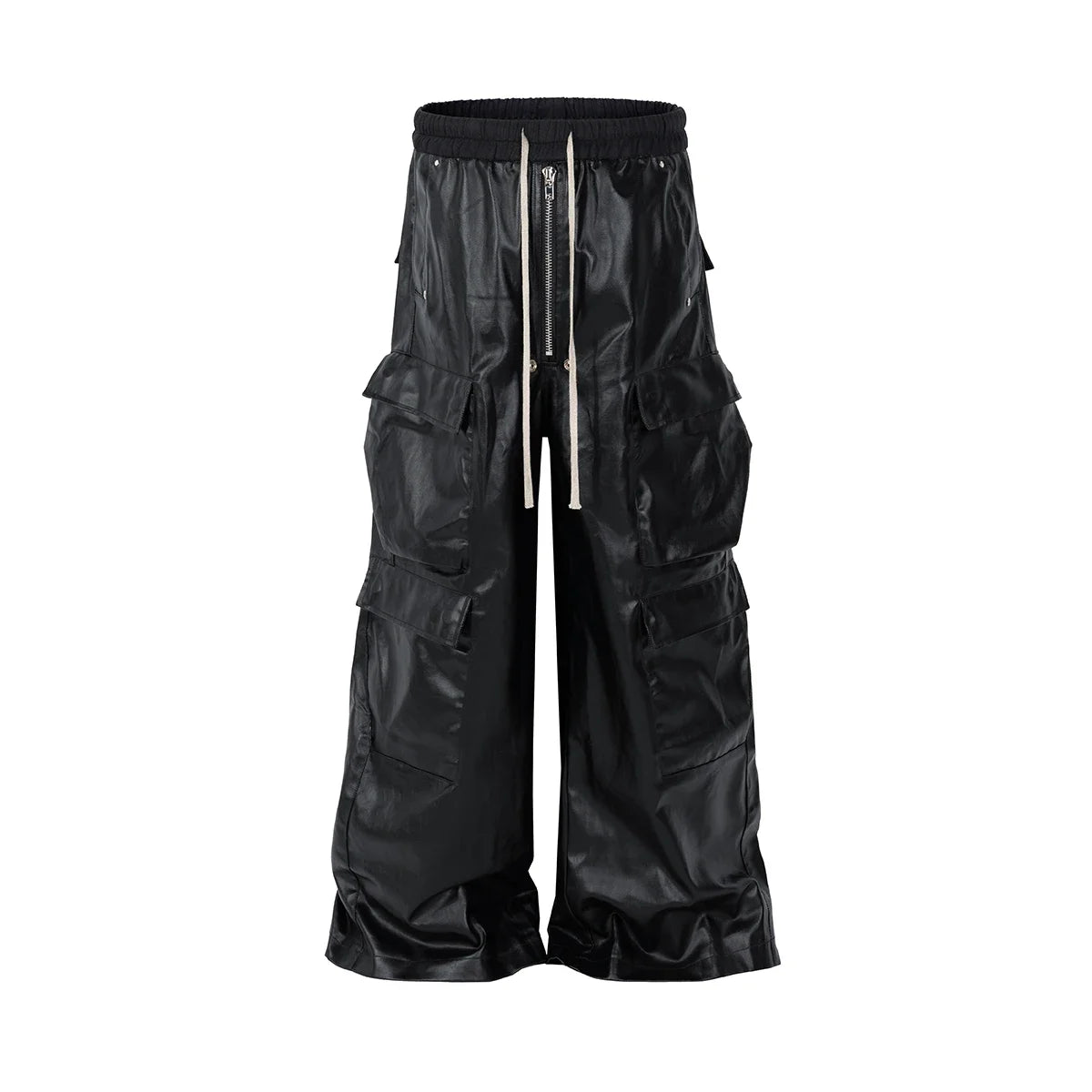 Hearujoy High Street Vintage Matte Coated Cargos  for Men and Women Wide Leg Drawstring Baggy Leather Pants Oversized Cleanfit Trousers