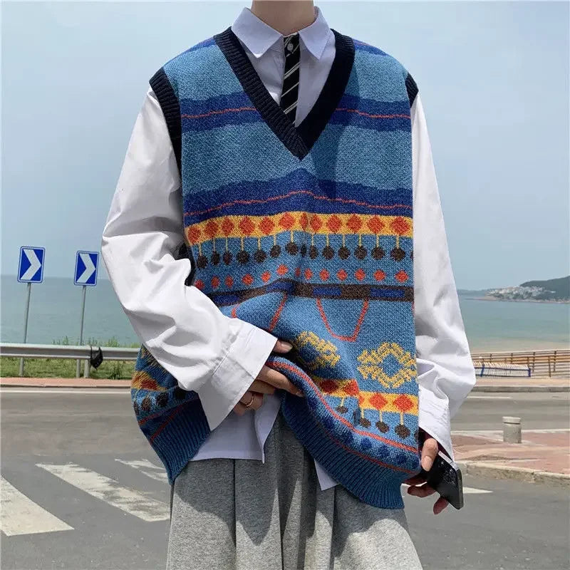 HEARUJOY  -  Sweater Man Casual Waistcoat V Neck Printed Knit Vests for Men Designer Cheap Korean Fashion Smooth Reviews Clothes Top Harajuku