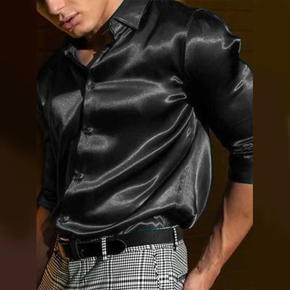 HEARUJOY  -  Men's Satin Silk Dress Shirt Long Sleeve Casual Button Down Shirts Disco Club Fashion Blouse Top New