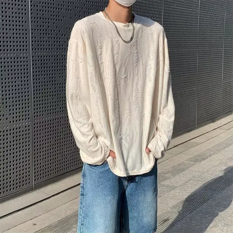 Hearujoy Korean INS Niche Design Men Clothing Round Neck Hole T-shirt Men and Women Long Sleeve Retro Loose Casual Drape Mens T Shirts