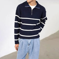 Hearujoy Men's Autumn Winter Striped Half-Zip Long-Sleeved Knitted Sweater 2023 New Trendy Casual Loose Comfortable Color-Blocked Sweater