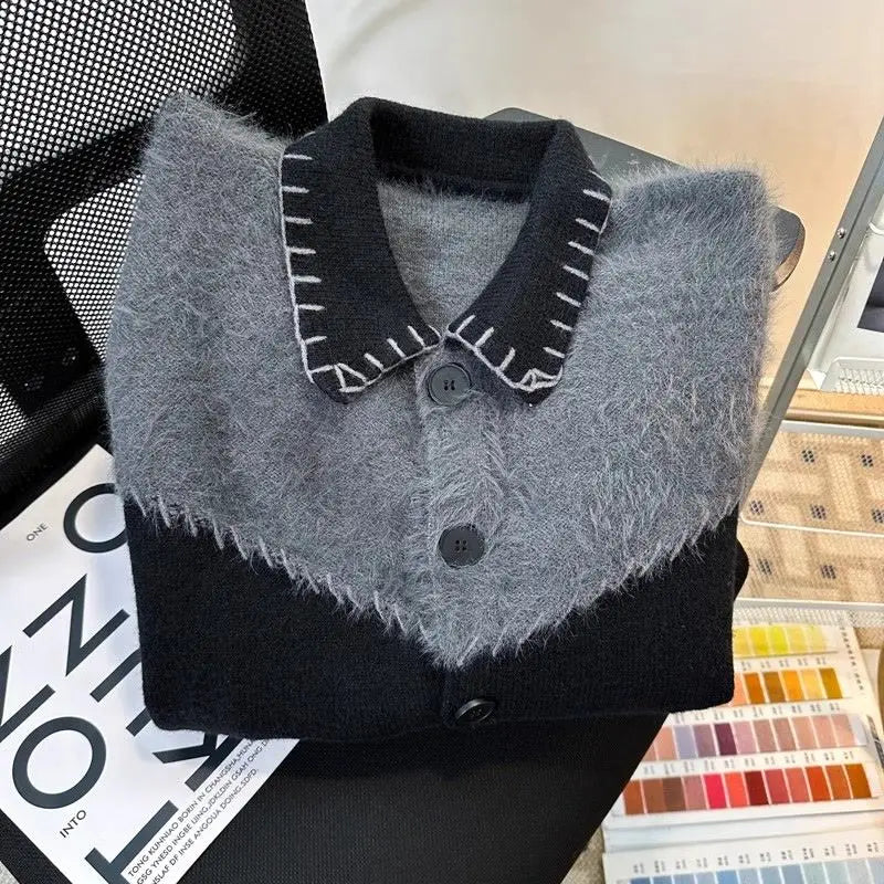 HEARUJOY  -  Korean Contrasting Color Splicing Cardigan Lapel Sweater Men and Women Trendy Niche Loose Warm Sweater