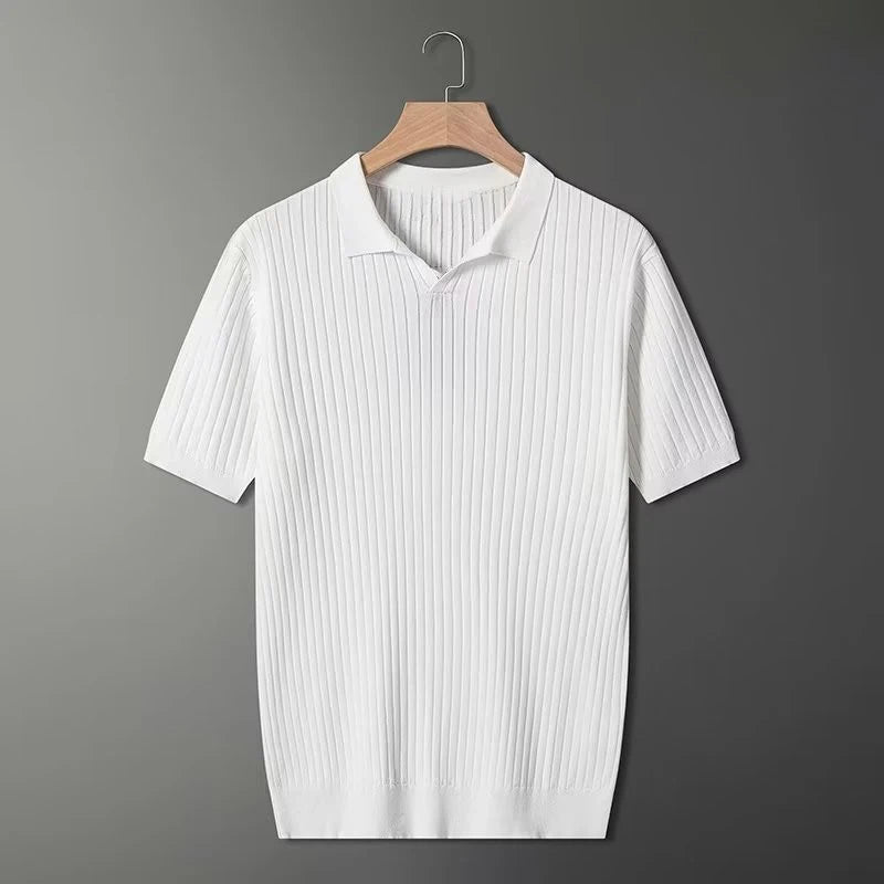 HEARUJOY  -  Men's Clothing Light Luxury Knitted Polo Shirt Casual Stripe V-Neck Solid Color Short Sleeve T-Shirt Breathable Fashion Knitwear