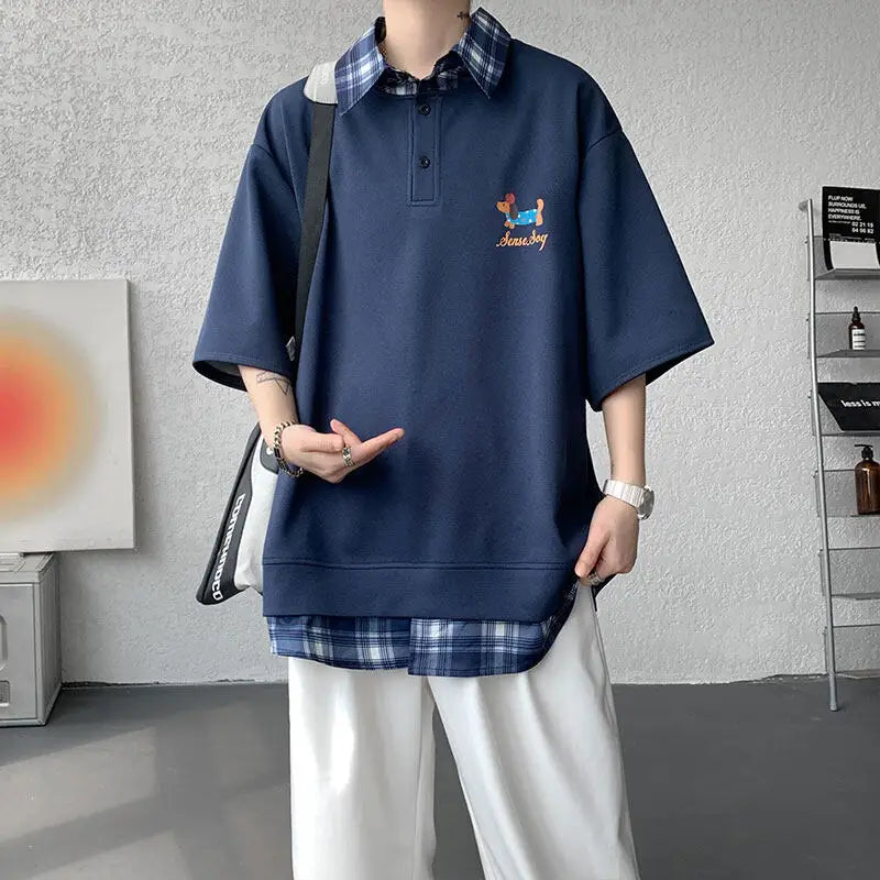 HEARUJOY  -  Dog Embroidery Plaid Polo Short Sleeve T-Shirt 2025 Summer Retro Couple T-shirts Splicing Fake Two Pieces Simple Tops