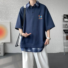 HEARUJOY  -  Dog Embroidery Plaid Polo Short Sleeve T-Shirt 2025 Summer Retro Couple T-shirts Splicing Fake Two Pieces Simple Tops