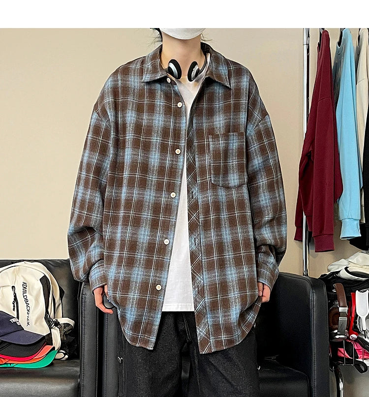 HEARUJOY  -  5XL Long Sleeved Shirt Men Oversized Retro Plaid Shirt Men Japanese Streetwear Loose Casual Shirt Mens Vintage Shirts Plus Size