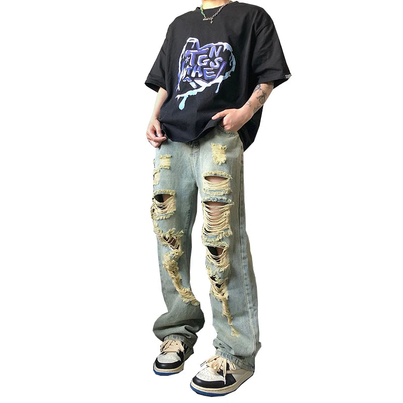 Hearujoy American Y2k Street Hip-hop Heavy Industry Ripped Men's Jeans Spring  Straight Loose Vibe Style Street Dance Trendy Pants