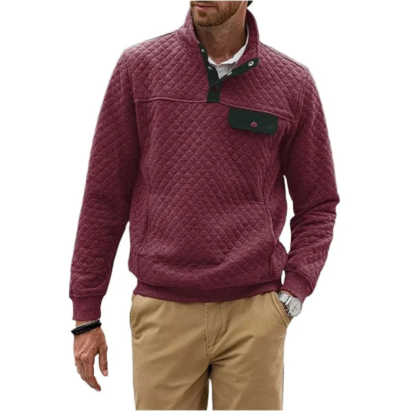 HEARUJOY  -  Men's Spring and Fall Quilted Sweatshirt Casual Long Sleeve Outdoor Stand Collar Button Pullover Sweatshirt