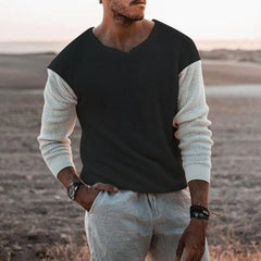 HEARUJOY  -  Men's Casual Knitted Sweater, Long Sleeve, Patchwork Color, O-Neck Tees Top, Loose Hollowed Breathable Knitwear, Streetwear