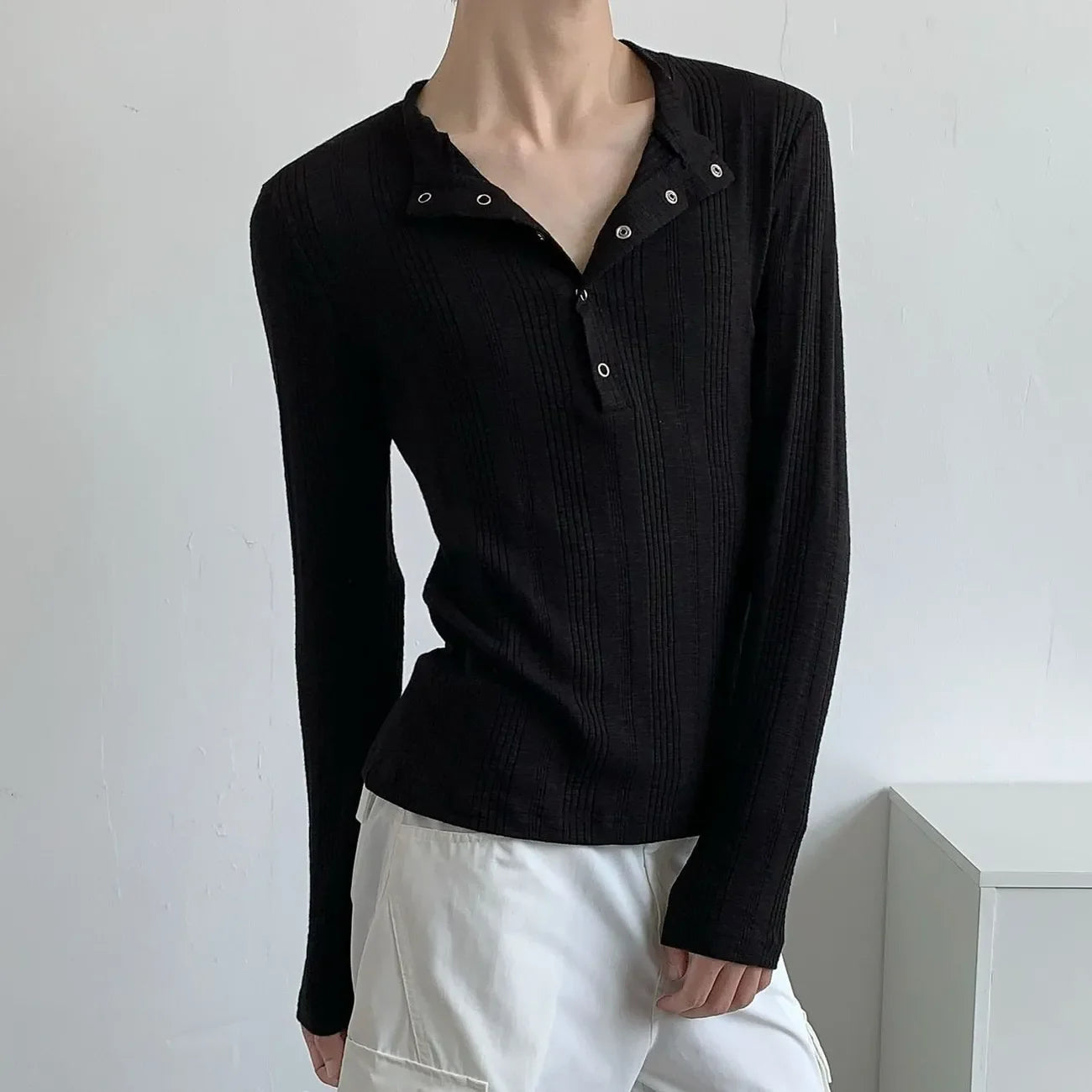 HEARUJOY  -  American Street Fashion Simple Slim Fit Solid Color Knitted Long-Sleeved Shirt Mens Design Lazy Casual Slim Fit Bottoming Shirt
