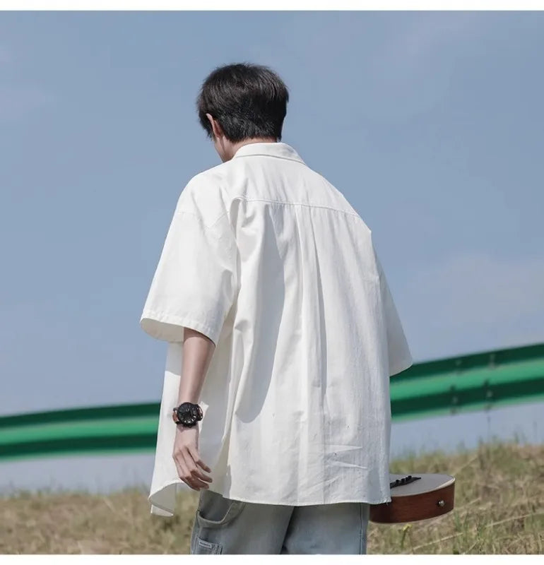 HEARUJOY  -  Retro Japanese Men's Casual Short Sleeve Shirt Spring Summer Loose Fit Versatile Youth Button Loose Half Sleeve Blouse Shirts