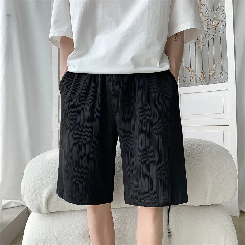 HEARUJOY  -  Summer Shorts Men Fashion Blue Ice Silk Shorts Men Streetwear Hip-hop Loose Pleated Shorts Mens Beach Shorts Plus Size 4XL