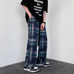 Hearujoy Summer plaid nine-point pants men's wide-legged large size loose casual leggings American high street straight leg mopping pants