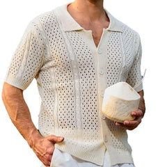 HEARUJOY  -  Summer Men's Retro Solid Color Short-Sleeved Shirt Knitted Hollow Fashion Casual Trend Loose Breathable Seaside Beach Men's Tops