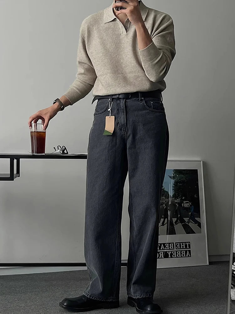 HEARUJOY  -  Spring Autumn Casual Knitting Men Polo Shirts Long Sleeve Slim Fit Elastic Knit Jumper Tops Men's Stylish Solid Color Polo Shirt