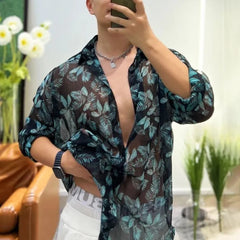 Hearujoy Mens Sexy Floral Mesh See-Through Casual Long-Sleeved Shirt Genderless Fashion Versatile Personalized Lightweight Top Unisex