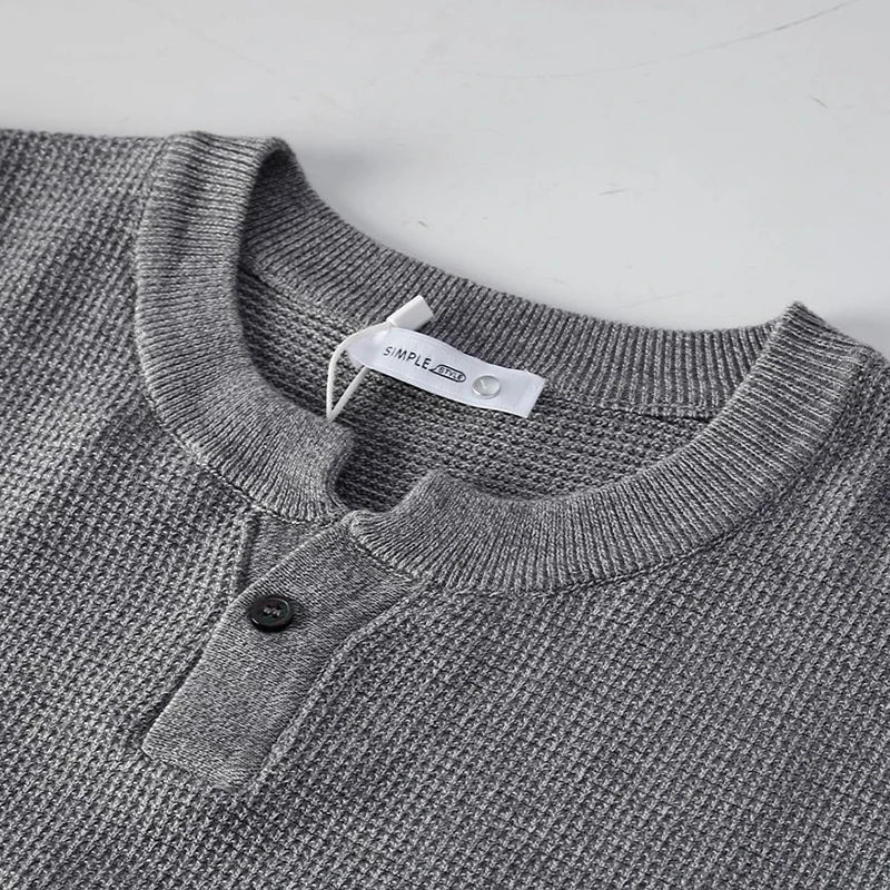 HEARUJOY  -  Vintage Men's Henley Neck Knit T Shirts Summer Casual Breathable Slim Fit Elastic Knitted Tee Men Fashion Short Sleeve Pullovers