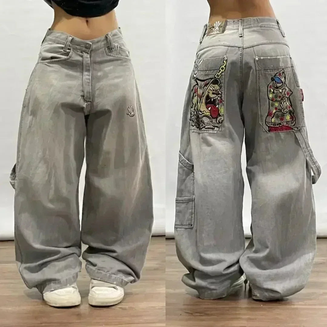 Hearujoy Y2K New Line Embroidered Red Denim Mid Pants American Retro Gothic Jeans Men Street Hip Hop Harajuku Punk Loose Wide Legs Shorts