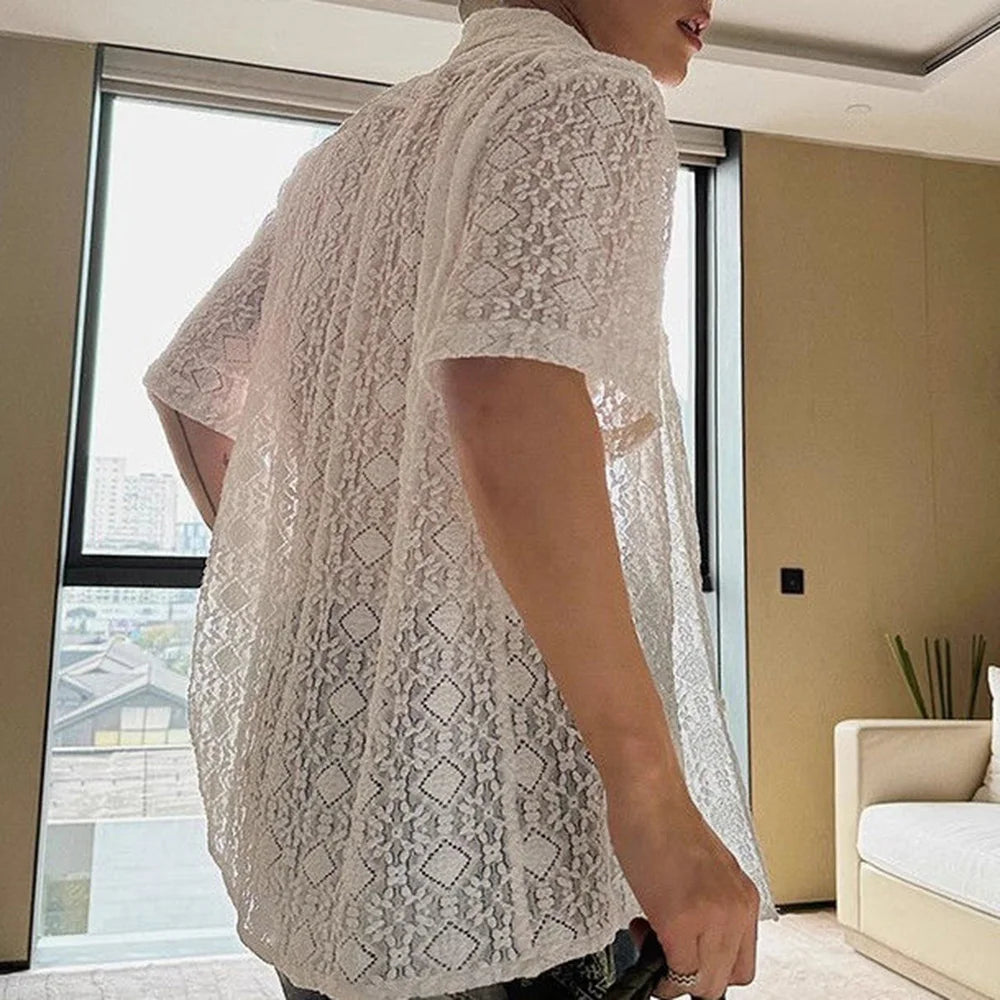 HEARUJOY  -  Mens Shirt Lace See-Through Transparent Geometric Shirt Summer Beach Vacation Hawaiian Slim Short Sleeve Top Men'S Clothing