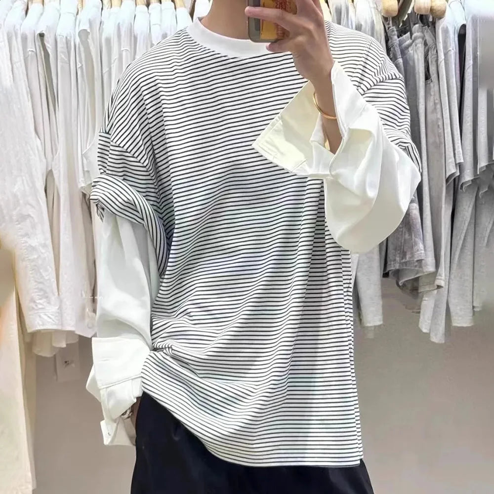 Hearujoy Mens T-Shirt Long Sleeve Y2K Japanese Striped Youthful Top Fake Two-Piece Oversize Niche Fashion Campus T-Shirt Men'S Clothing