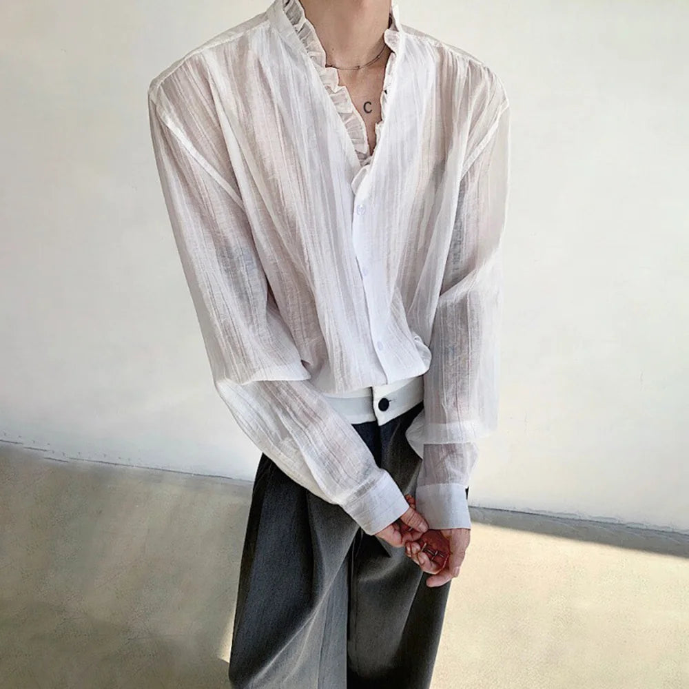 HEARUJOY  -  Mens Shirt Slightly Transparent Sexy Casual Spring Streetwear Fashion Breathable Niche Shirt Long Sleeve Top Men'S Clothing 2025