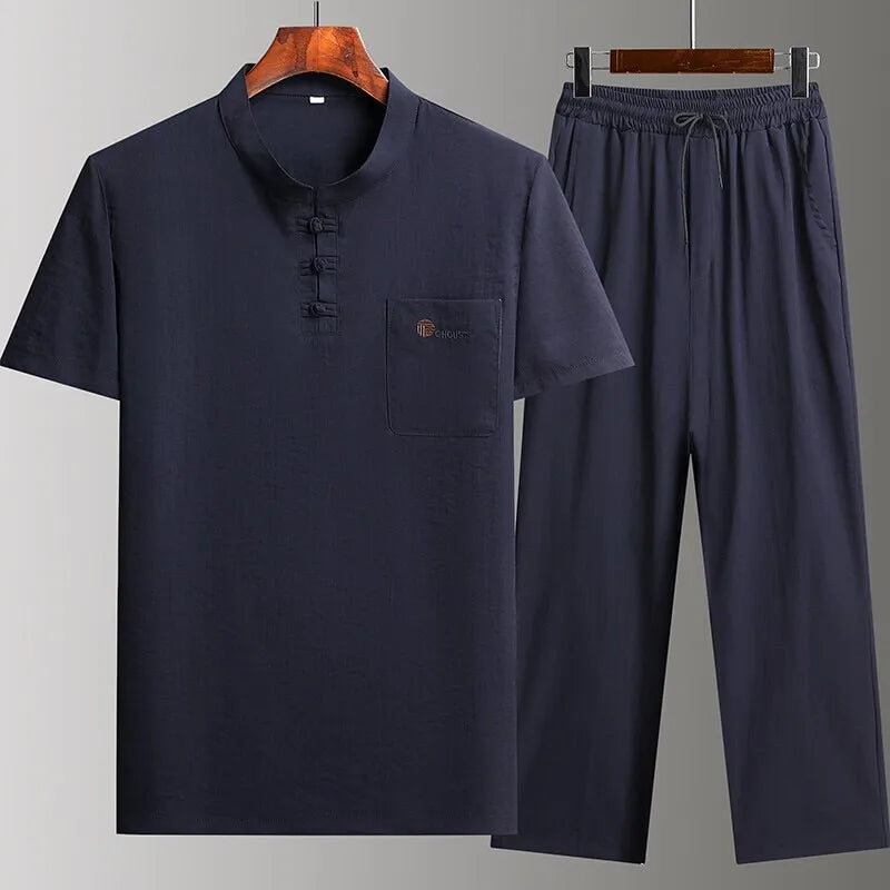 HEARUJOY  -  Chinese style Shirts + Pants summer 100% Cotton linen Sportswear Men's Casual Sets Male Fashion Chinese style trousers