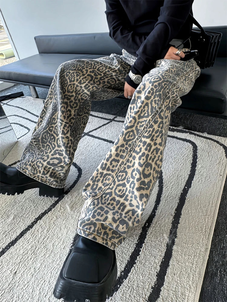 Hearujoy Leopard Jeans Women Denim Pants Female Oversize Wide Leg Trousers Streetwear Hip Hop Vintage Animal Print Loose Casual