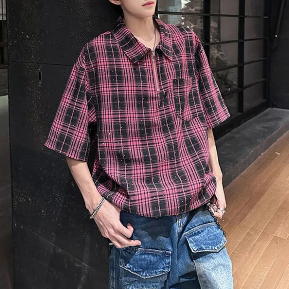 HEARUJOY  -  Mens Hot Diamond Plaid Half-Zip Casual Shirt Streetwear Fashion Youth Campus Versatile Short-Sleeve Tops Men'S Clothing 2025 New