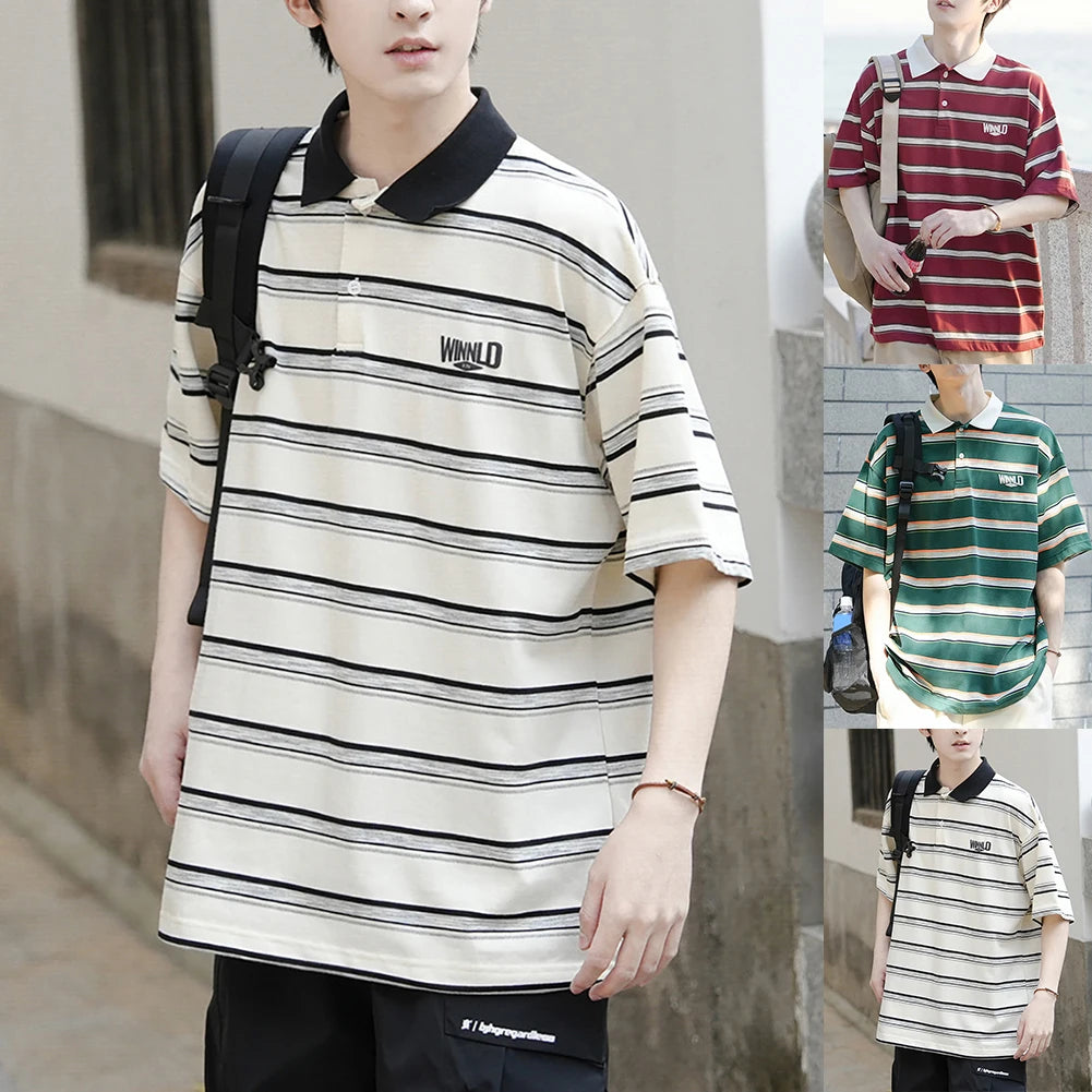 HEARUJOY  -  Casual Summer 2XL Mens Summer T-Shirts Casual Striped Short Sleeve Shirts Vintage Short Sleeve Tops Lapel Neckline