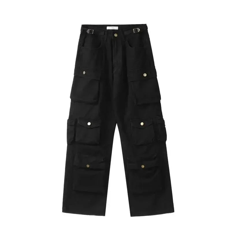 Hearujoy Harajuku Retro Solid Multi Pocket Wide Leg Cargo Pants Functional High Waist Pants Style Hip-Hop Straight Trousers Women Jeans