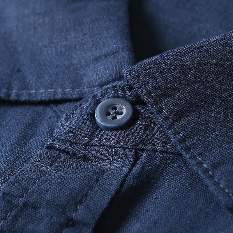 HEARUJOY  -  Men's Summer Cotton Linen Shirt Solid Color Skin Friendly Breathable Short Sleeve Lapel Shirts With Chest Pocket