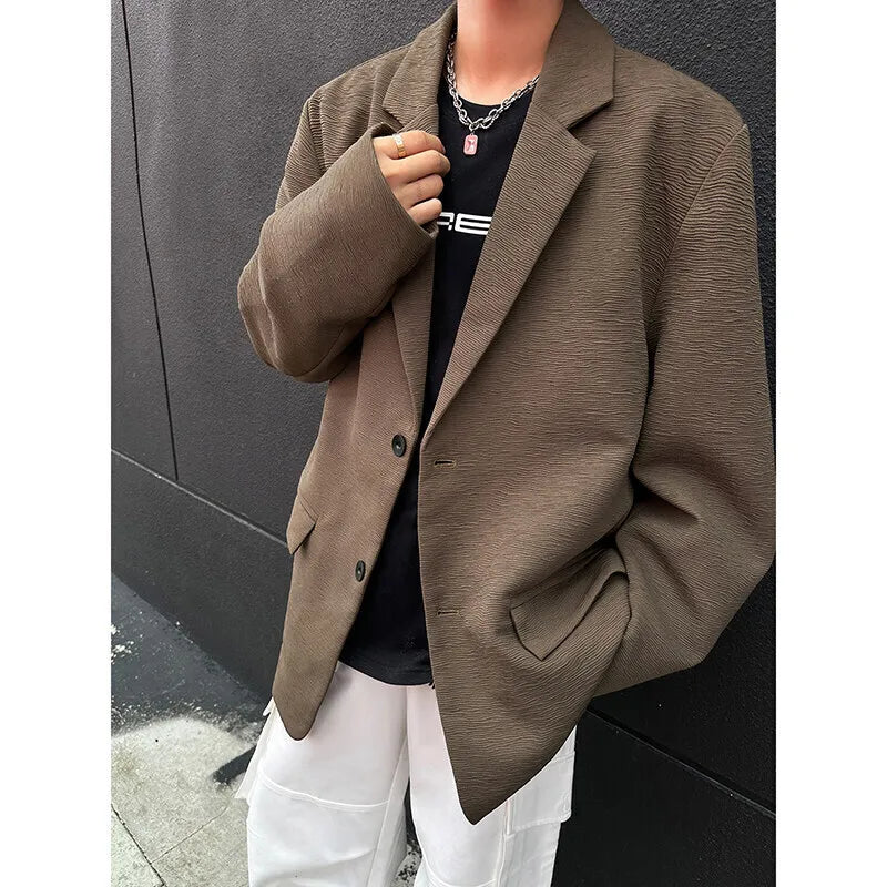HEARUJOY  -  Brown Blazer Men Fashion Society Mens Black Dress Jacket Korean Loose Casual Pleated Suit Jacket Mens Office Formal Jackets