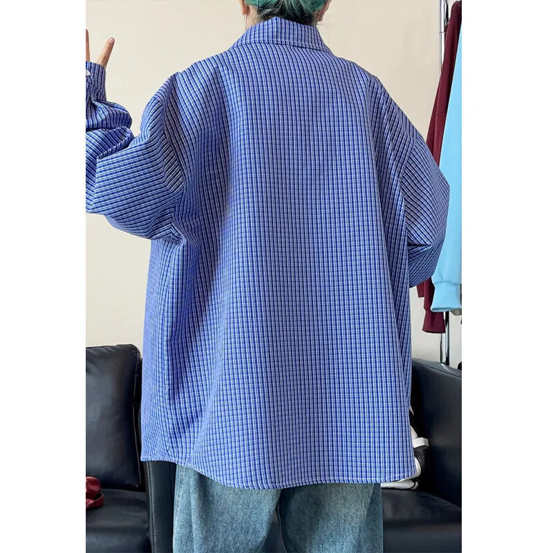 HEARUJOY  -  Long Sleeved Shirt Men Oversized Casual Plaid Shirt Men Streetwear Korean Loose Blue Casual Shirt Mens Shirts Plus Size 5XL
