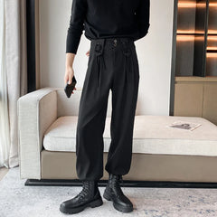 Hearujoy Autumn Mne's Casual Pants Solid Color Lace-up Design Casual Suit Trousers Fashion Men Balck Bottoms Simple 9C2397