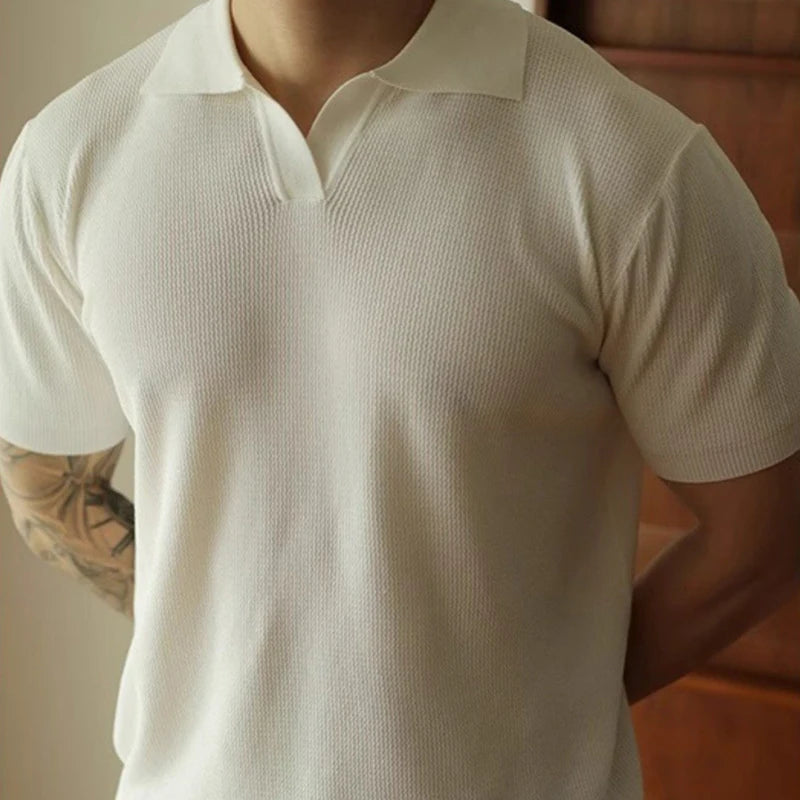 HEARUJOY  -  Summer Men's Clothing Luxury Knit V Neck Short-sleeved Polo Shirt Solid Color Leisure Korean Popular Streetwear Slim Knitwear