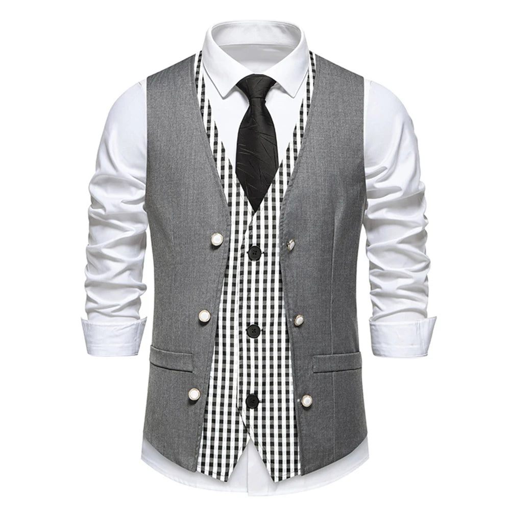 HEARUJOY  -  Fashion Business Vests Men's Suit Waistcoat Regular Length Garment Spring Autumn Fashion V Neck Sleeveless Plaid Pattern For Men