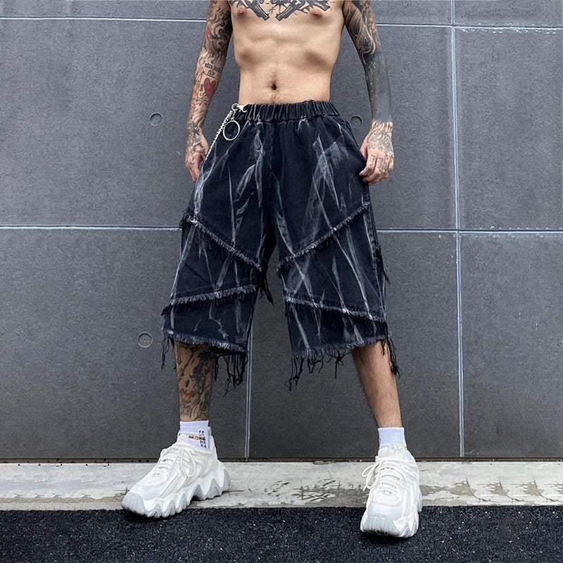 Hearujoy Distressed Ripped Male Denim Shorts Jeans Man Baggy Men's Summer Shorts Y2K Black Punk Streetwear Vintage Hip Hop