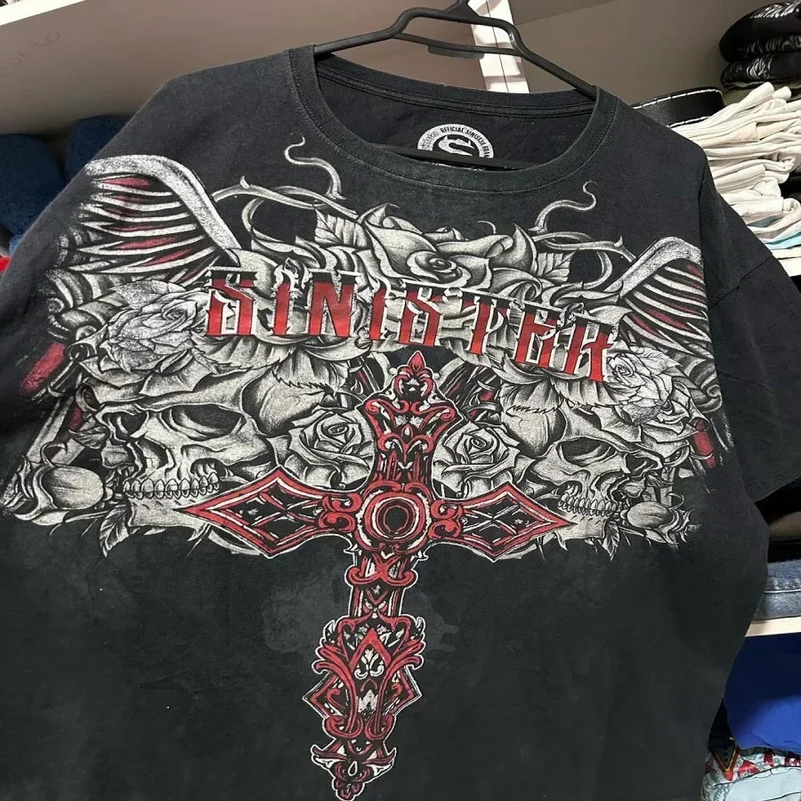 Hearujoy Affliction Long sleeved T shirt Y2K Fashion New Round Neck Oversized T shirt Mens Womens Casual Tops Streetwear Gothic Clothing