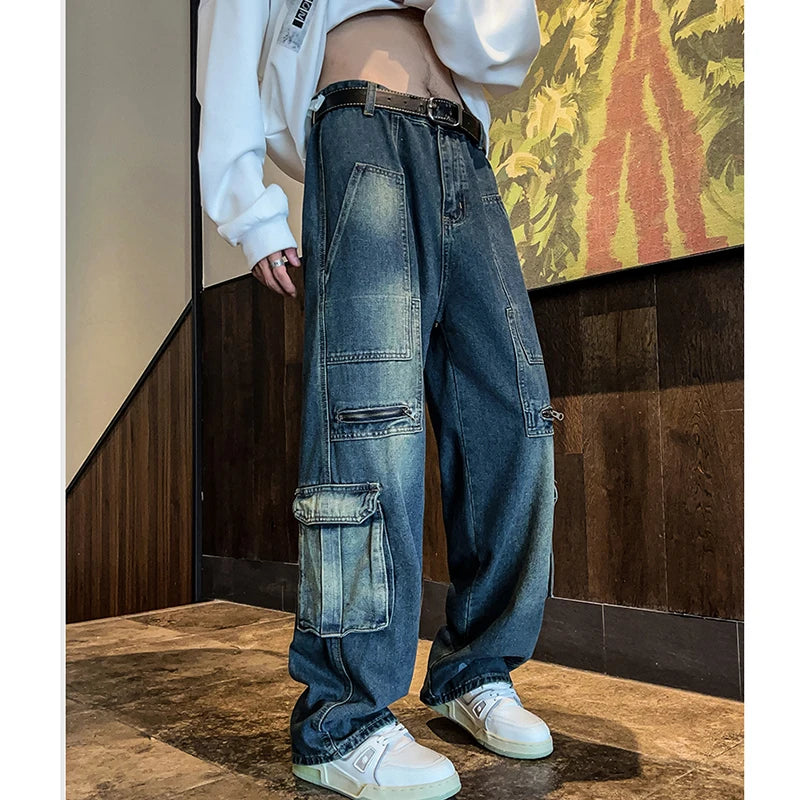 Hearujoy New Streetwear Patchwork  Jeans Cargo Pants Loose Plus Size Wide Leg Pants Harajuku Casual Denim Pants Men Clothing Y2K