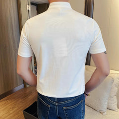 HEARUJOY  -  Men's 65% Cotton Henley Collar Short Sleeve Polo Shirt  Summer Solid Color Stand Neck Tee, Versatile Casual & Smart Styling